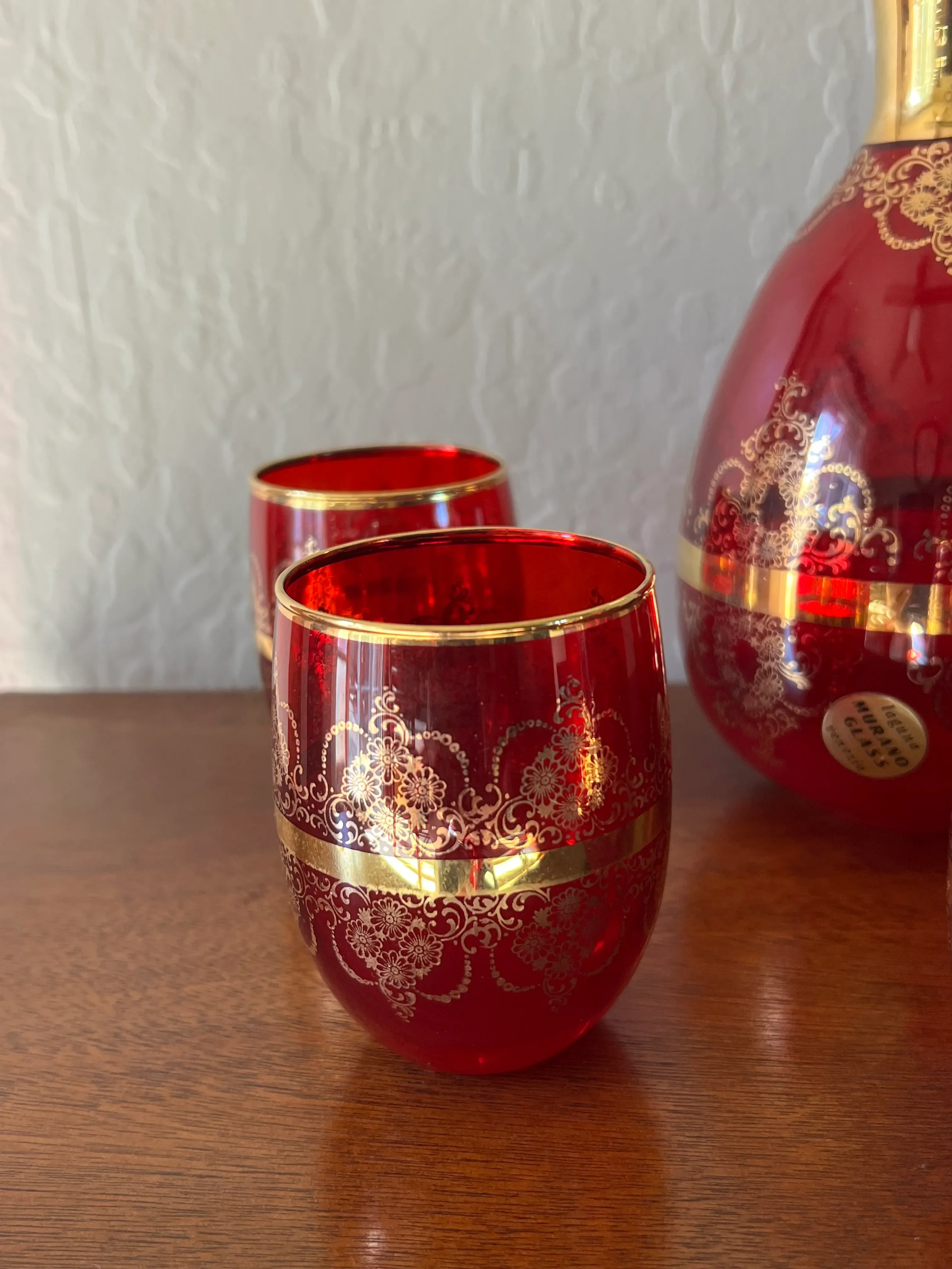 Vintage Laguna Murano Glass Decanter & 5 Glasses – Hand-Blown Ruby