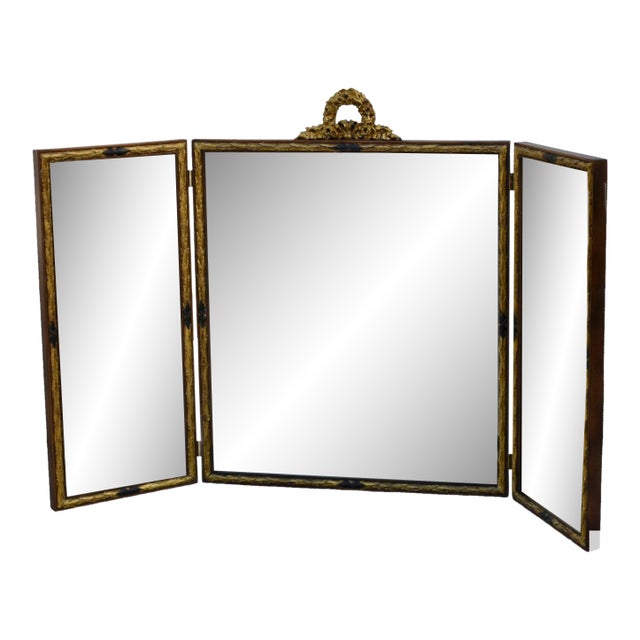 Vintage French Carved Walnut Tri Fold Mirror W/Gold Highlights For Sale