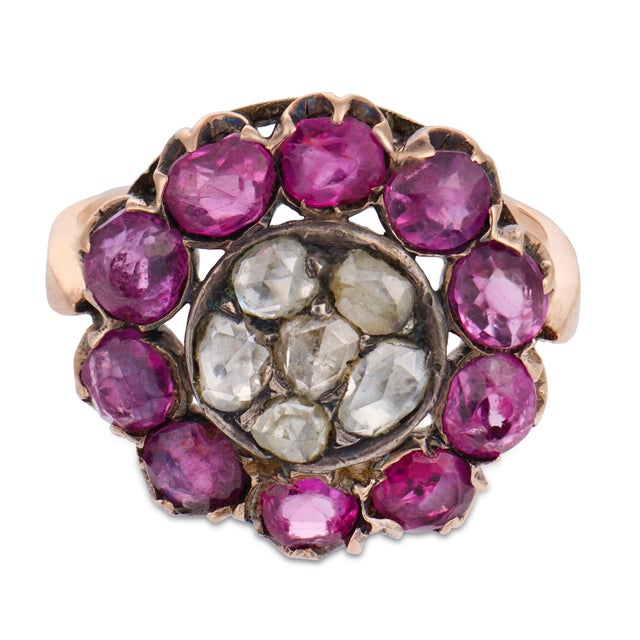 Victorian Early 20th Century Victorian Rose Cut Diamond Ruby Rose Gold Silver Ring, Size 5 For Sale - Image 3 of 6