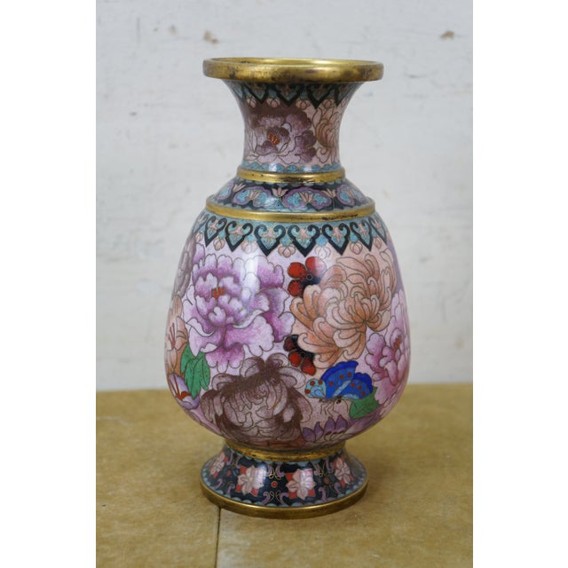 Chinese Brass Cloisonne Enamel Chrysanthemum Bud Vase on Stand 8" For Sale - Image 6 of 13