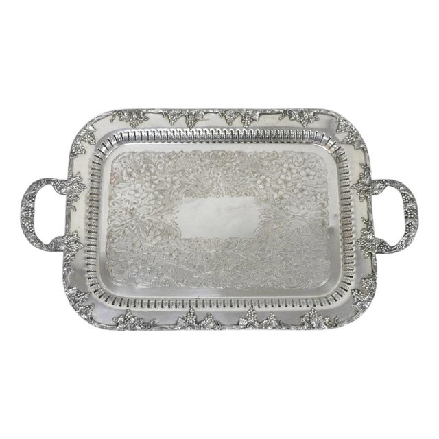 Vintage Victorian Silver Plated Grapevine Bar Serving Platter Tray by Excelsior For Sale