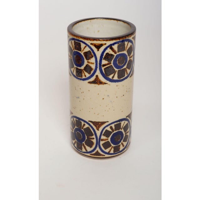 Mid-Century Modern Scandinavian Modern Stoneware Cylindrical Vase With Geometric Motif For Sale - Image 3 of 12
