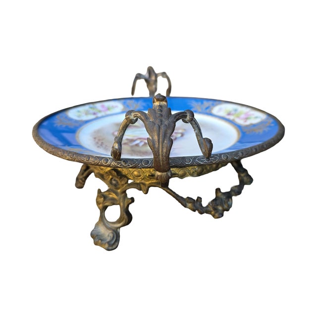 French Antique French Hand-Painted Porcelain Centerpiece Bowl With Bronze Ormolu Stand & Cobalt Blue Border For Sale - Image 3 of 10