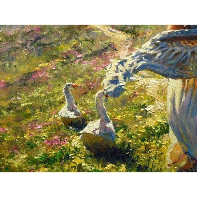 Robert Hagan "With Friends" Original Oil Painting on Canvas of Ducks and Woman in Field For Sale In Denver - Image 6 of 7