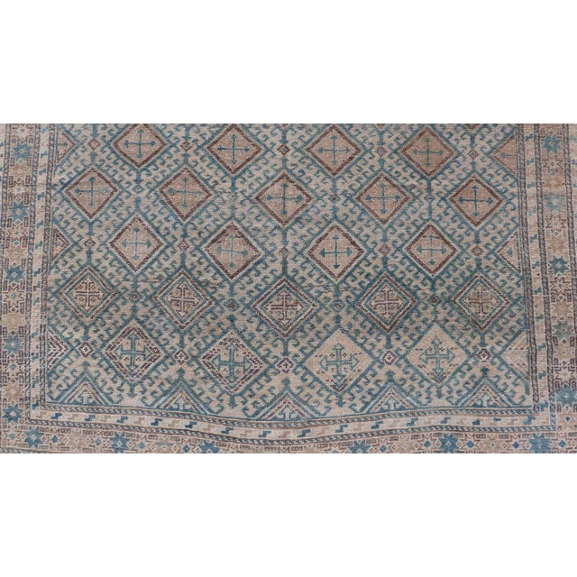 Antique Persian Tribal Kurdish Rug With Light Blue Field and Geometric Design For Sale - Image 4 of 10