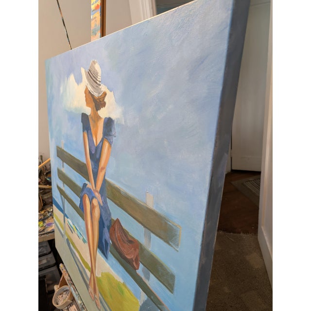 Mid century woman sitting on the bench at the beach. Something going through her mind... not sure what. 36x36 oil on...