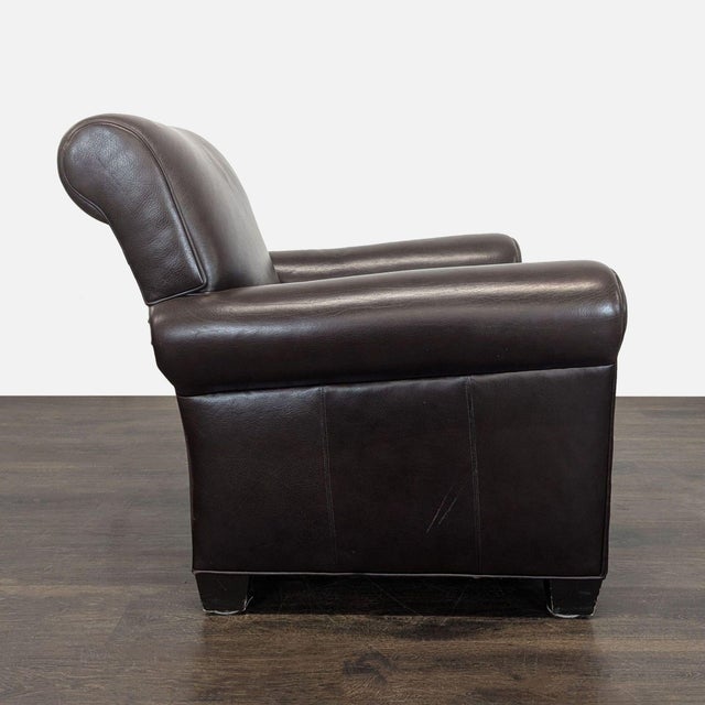 Traditional Classic Brown Leather Lounge Chair With Rolled Arms For Sale - Image 3 of 9