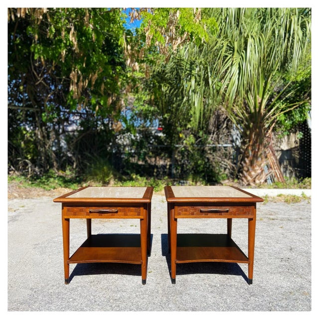Pair of Lane Perception Style Basketweave Side Tables or Nightstands | Inset Travertine Top For Sale - Image 9 of 11