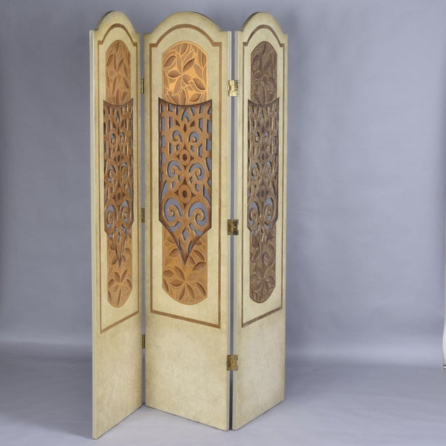 Early 21st Century Italianate Gold Leaf and Cream Colored 3 Panel Room Divider Screen For Sale - Image 5 of 12