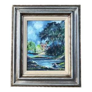 1970’s Original Modernist Landscape Painting House on a Stream Original Frame