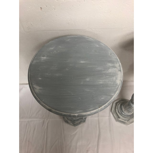 Distressed hand painted wood and stone pedestal tables. Made in the late 19th century.