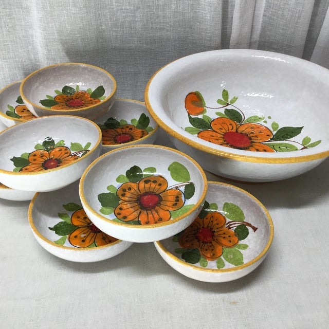 Ceramic Mid 20th Century Italian Salad Bowl Set in Glazed Terra Cotta With Orange Floral Design - 9 PCS For Sale - Image 7 of 11