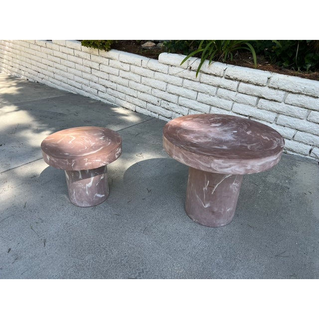 Mauve Pair of 1980s Postmodern Mauve Resin Faux Marble Swirl Pedestal Tables For Sale - Image 8 of 15