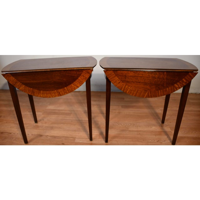 1930s Pair of English Regency Mahogany Banded Satinwood Pembroke Side Tables / End Tables For Sale - Image 10 of 16