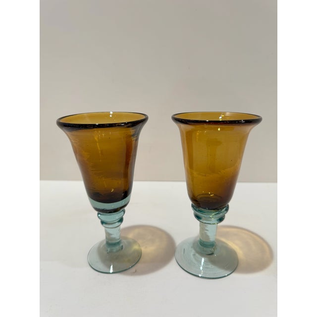 American Vintage Amber and Blue-Green Stemmed Goblets Hand Blown Art Glass Wine Glasses - a Pair For Sale - Image 3 of 6