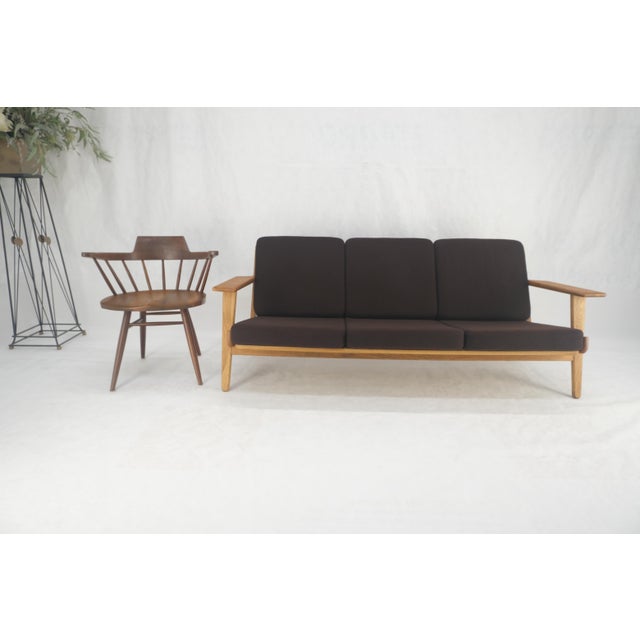 Solid Oak Frame Brown Upholstery MCM Style 3 Seat Sofa Clean! For Sale - Image 13 of 16