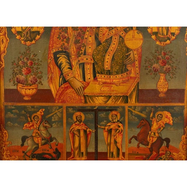 Antique 19th C Greek Orthodox Icon Virgin Mary & Jesus St. George & Dragon 1800 For Sale - Image 15 of 18