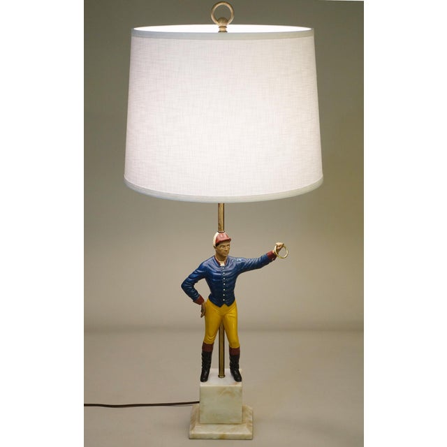 1950s Rarest Large Black Americana Lawn Jockey Statue Sculpture Brass Alabaster Marble Table Lamp For Sale - Image 11 of 13