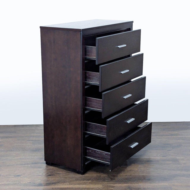Modern Modern 5-Drawer Dark Wood Dresser With Sleek Metal Handles For Sale - Image 3 of 9