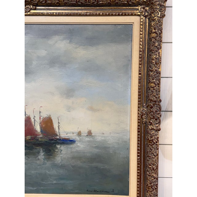 Early 20th Century Ship Leaving Harbor Oil Painting For Sale - Image 5 of 11