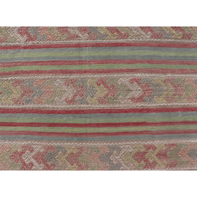 Colorful Vintage Embroidered Kilim With Stripes and Alternating Geometric Motifs For Sale In Atlanta - Image 6 of 12