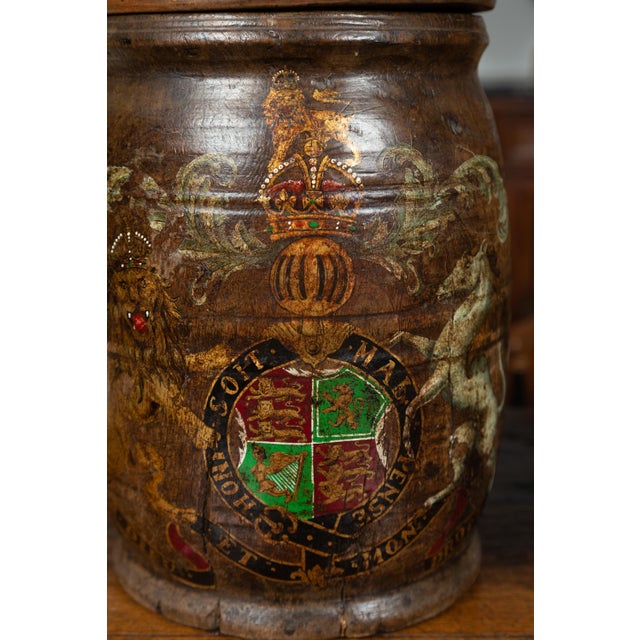 1880s English Wooden Barrels with Coat of Arms Made into Table Lamps - a Pair For Sale - Image 4 of 12