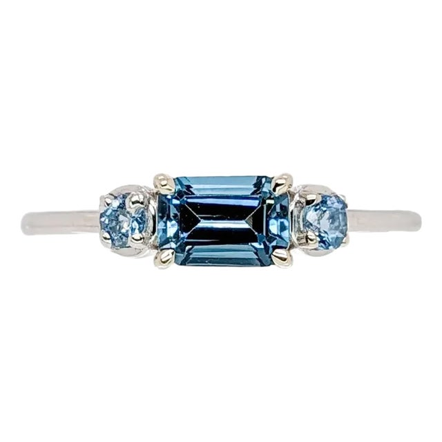 Dainty East West London Blue Topaz Ring W Blue Diamond Accents in 14k White Gold, Size 6.75 For Sale