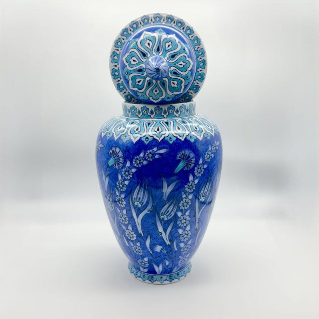 Handmade Ceramic Shah Vase with Lid (30cm) Deep Blue Saz Style Floral Lidded Jar For Sale - Image 6 of 9