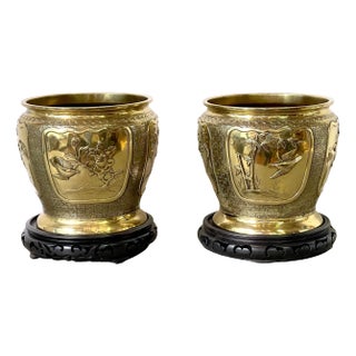 Chinese Brass Floral & Bird Planters with Carved Wood Stands, Circa 1900s - a Pair For Sale