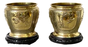 Chinese Brass Floral & Bird Planters with Carved Wood Stands, Circa 1900s - a Pair