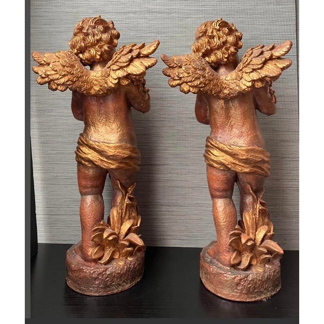 Pair of Large VTG Cherub Figurines With a Gold /Bronze-Toned Finish 18" T. For Sale - Image 4 of 5
