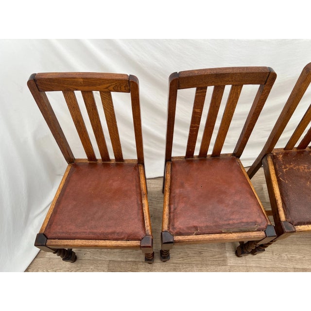 Wood Antique Chairs Set of Four, Barley Twist Legs, Solid Oak, Brown Vinyl Seats For Sale - Image 7 of 13