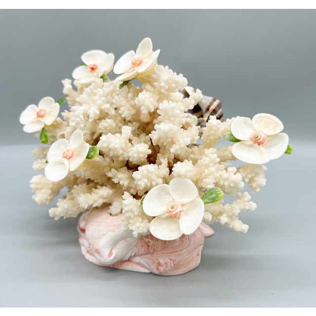 Folk Art Coral & Shell Flower Arrangement – Coastal Decor With Swirled Composite Base For Sale - Image 13 of 15