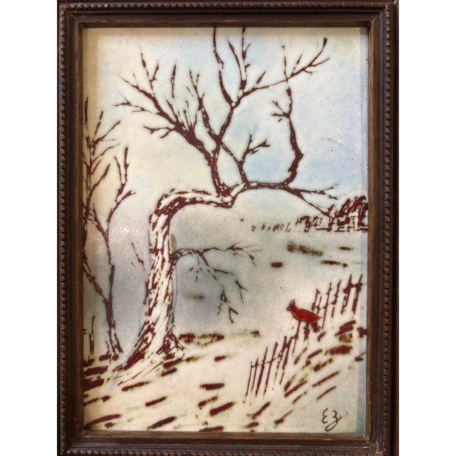 French Vintage French Enamel on Copper Winter Scene by E. J. Guitard For Sale - Image 3 of 7