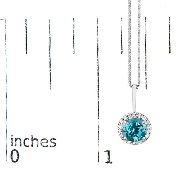 Early 21st Century 10K White Gold Blue Topaz and 1/10 Cttw Diamond Accent Halo Pendant Necklace For Sale - Image 5 of 5