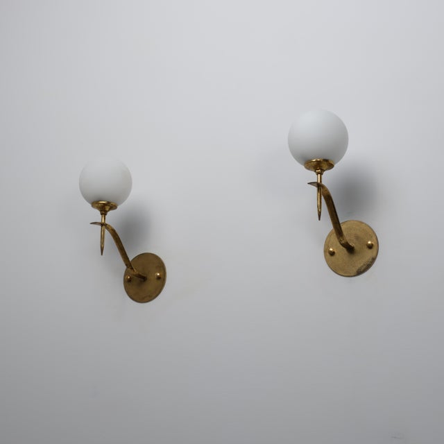 Italian Brass and Opaline Glass Globe Wall Sconces, 1950s, Set of 2 For Sale - Image 10 of 11