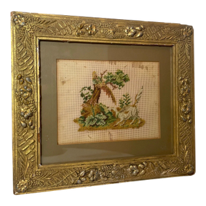 Antique 1800's European Figural Dog Bird Landscape Needlepoint Sampler Art Frame