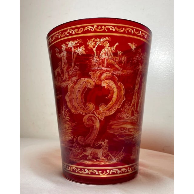Antique 1865 Hand Painted Bohemian Cranberry to Clear Glass Crystal Bucket Vase For Sale - Image 11 of 14