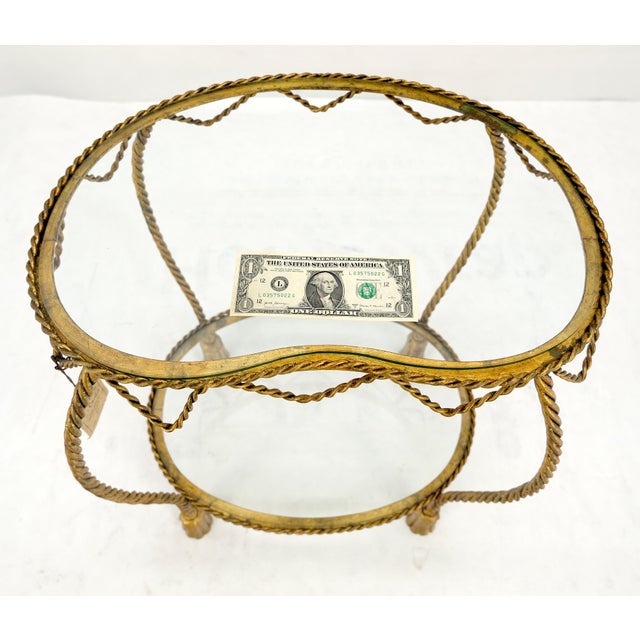 Italian Gold Gilt Steel Rope Style Kidney Shape Glass top Side Lamp Table Mint For Sale - Image 9 of 17