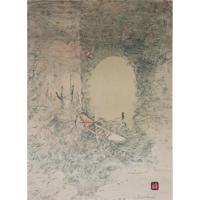 A calming and serene modern lithograph on rice paper titled "Boat at Docks" by Vietnamese-French artist Lebadang. Signed...