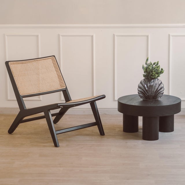 Wood Round Coffee Table with Cylindrical Legs in Black Stained Wood For Sale - Image 7 of 7