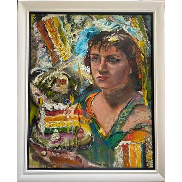 Wood “Girl With Cake", Original Abstract Oil Painting, by Van Ness For Sale - Image 7 of 11