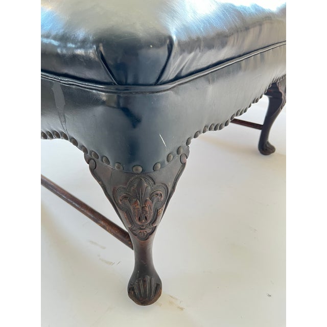 Antique English Georgian Style Hand-Carved Low Bench With Black Leather Upholstery For Sale - Image 17 of 17