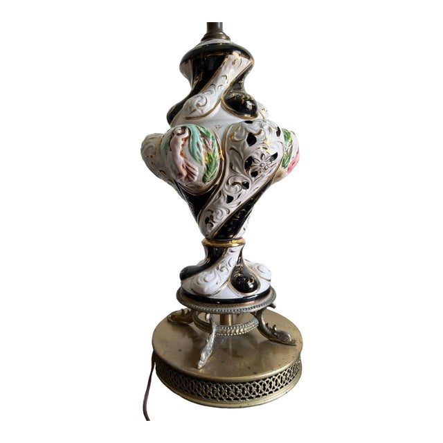 Vintage Capodimonte Porcelain Italy Black White Handpainted Fish Filigree Table Lamp For Sale - Image 9 of 16