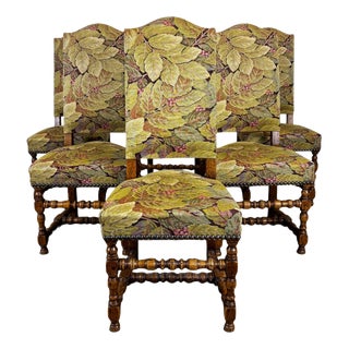 Louis XIII Chairs in Turned Walnut with Foliage Fabric, Set of 6 For Sale