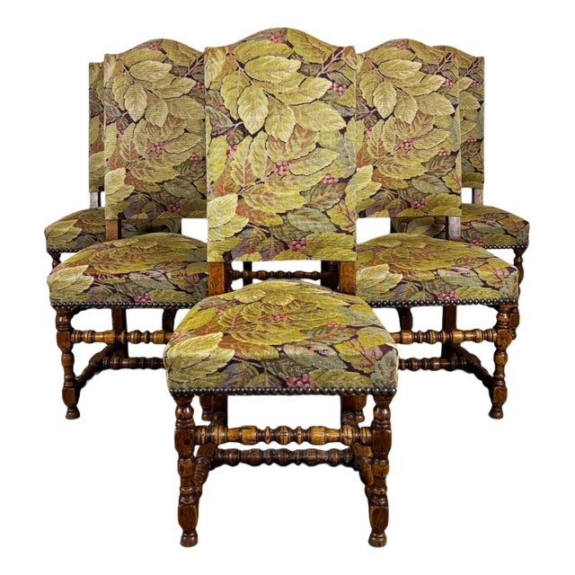 Louis XIII Chairs in Turned Walnut with Foliage Fabric, Set of 6 For Sale