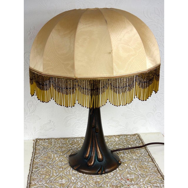 Antique Bronze Beaded Fabric Shade Table Lamp, 1920s For Sale - Image 10 of 10