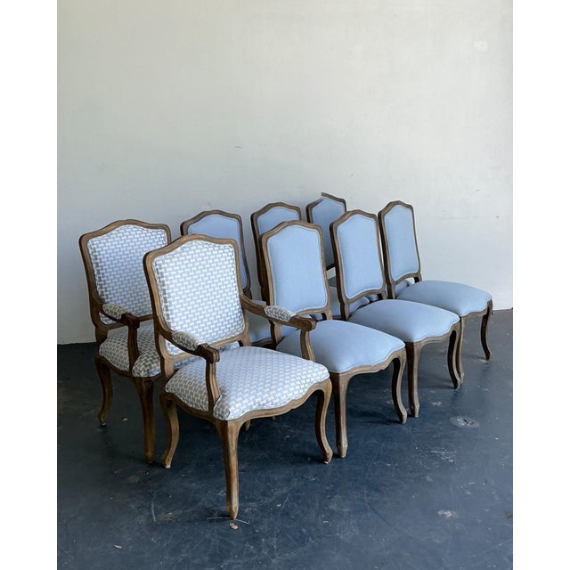French Provincial Vintage Carved Wood Dining Chairs With Blue Upholstery - Set of 6 For Sale - Image 3 of 13