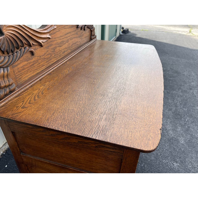 Early American Tiger Oak Dresser With Carved Swan Mirror For Sale - Image 4 of 12