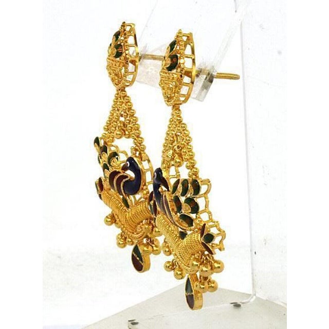 Contemporary Mid 20th Century A Pair Multicolor Enamel Peacock 22k Gold Chandelier Earrings For Sale - Image 3 of 5